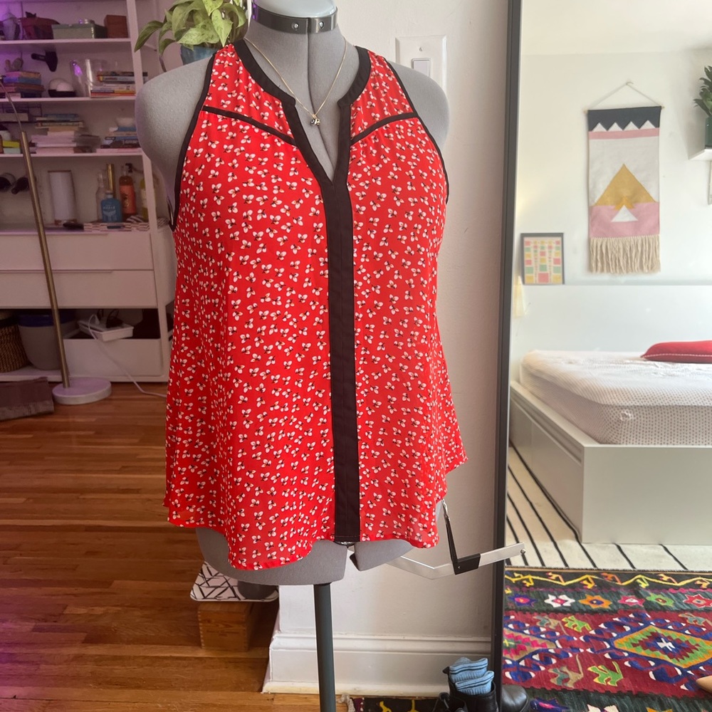 Anthropologie Tulle Floral Halter Blouse Red